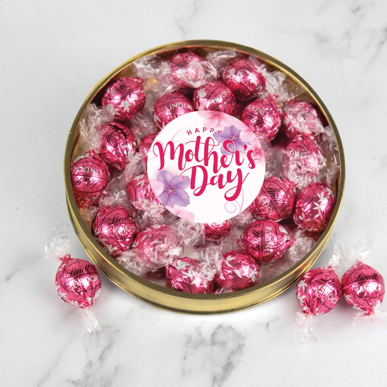 Happy Mothers Day Plastic Gift Tin Filled With Pink Strawberries & Cream Candy Truffles (20Pcs Per Tin) - Gifts, Church Favors & Office Giveaways (Flowers)